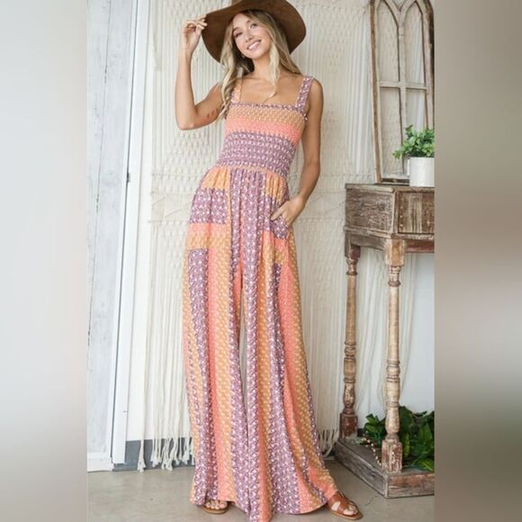 BUCKETLIST Pants - Women's Boho Boutique Patwork Pasel Wide Leg Colorful Patterned Maxi Romper